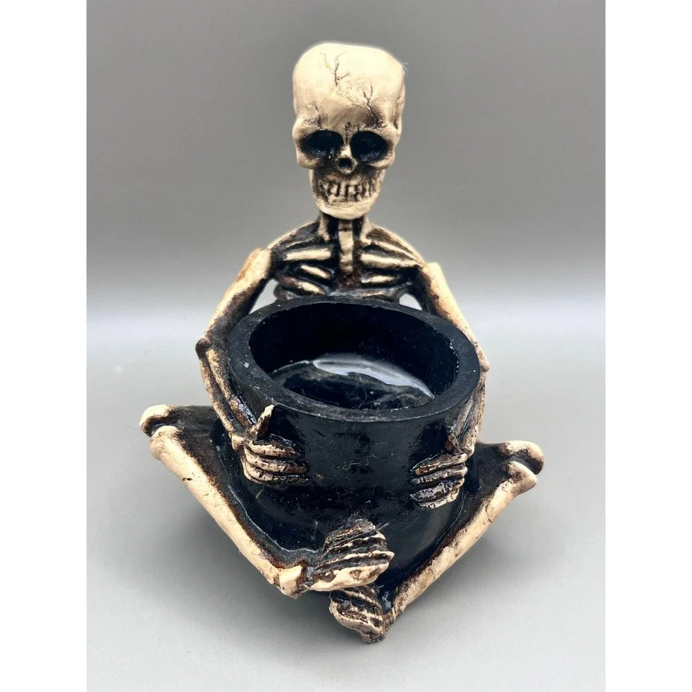 Skeleton Sitting w/ Cauldron Tea Light Candle Holder Gothic Resin Decor‎ 3.5
